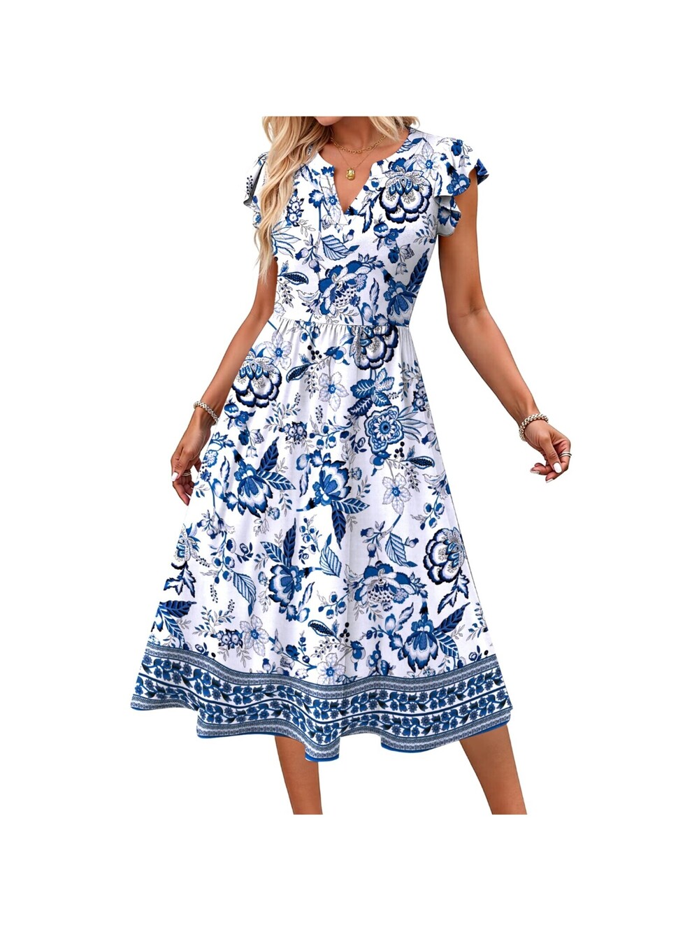 NWT Fantaslook Women’s Blue Floral V-Neck Ruffle Sleeve Midi Dress w Pockets, M